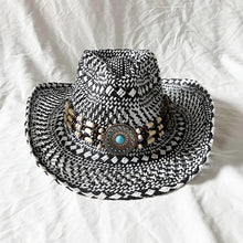 Load image into Gallery viewer, Handmade Color Matching Sun Hat Characteristic Ethnic Style Western Cowboy Straw Hat Black and White Two-color Woven Beach Hat
