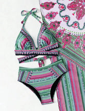 Load image into Gallery viewer, Vintage National Bikini Swimsuit With Mesh Cover Ups Cross Front Halter Bikini 3 Piece Set Blue/Green/Red High Waist Beachwear