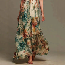 Load image into Gallery viewer, Floral Print Maxi Dress Sleeveless Ruffle Mock Neck Keyhole Front Smocked Waist Flowy Chiffon Bohemian Long Dress for Women