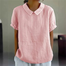 Load image into Gallery viewer, Solid Color Cotton Linen Lapel Pullover Shirt Women Summer Short Sleeve Blouse Female Comfortable Casual Simple Style Tops 2024