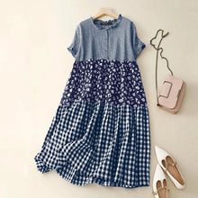 Load image into Gallery viewer, Women Plaid Long Dress 2024 Summer Holiday Pleating Stitching Shirt Dress Casual Loose Short Sleeve Robe Fashion Sundress