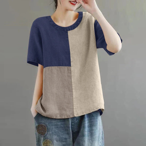 Women Patchwork Blouse 2024 Summer Short Sleeve Tunics Fashion Round Neck Shirts Casual Loose Holiday Cotton Linen Tops