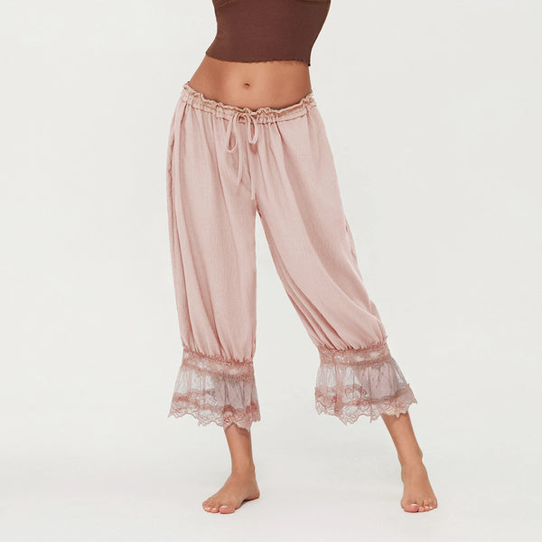Combhasaki Women's Y2K Loose Fit Bloomers Cropped Pants Drawstring High Waist Floral Lace Patchwork Calf-Length Lantern Trousers