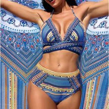 Load image into Gallery viewer, Vintage National Bikini Swimsuit With Mesh Cover Ups Cross Front Halter Bikini 3 Piece Set Blue/Green/Red High Waist Beachwear