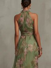 Load image into Gallery viewer, Fashion Sleeveless High Neck Ruched Waist Chiffon Flowy Evening Party Dress 2026 New Women Floral Print Halter Maxi Dress