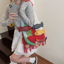 Load image into Gallery viewer, Cute Little Fish Relaxed Knitted Bag 2025 Summer New Commuter Versatile Shoulder Bag Contrasting Cut Out Tote Bag