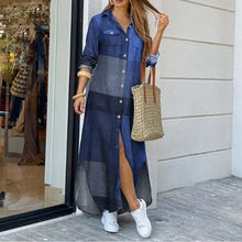 Load image into Gallery viewer, Spring And Autumn Women&#39;s Fashion Plaid Printed Polo Neck Shirt Dress Elegant Denim Long Sleeve Button Pocket Loose Long Dreess
