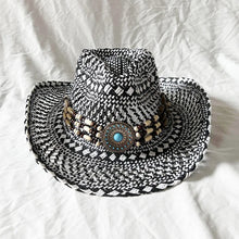Load image into Gallery viewer, Handmade Color Matching Sun Hat Characteristic Ethnic Style Western Cowboy Straw Hat Black and White Two-color Woven Beach Hat