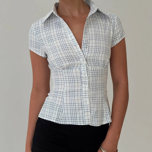 hirigin Women's Y2K Short Sleeve Plaid Button Down Shirt Button Down Blouses Tops Casual Summer Shirt Tops 90s Streetwear