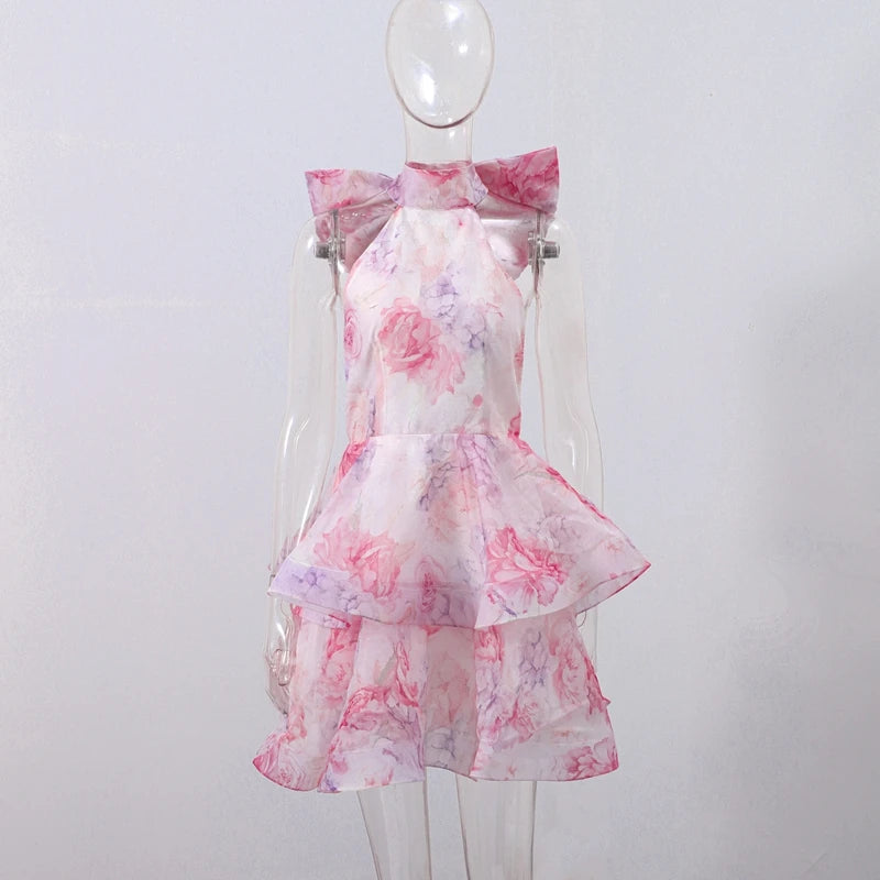Floral Print Halter Ruffles Dresses Women's Elegant Backless Sleeveless Bow Lace Up Mini Dress 2025 Summer New Lady Party Robes