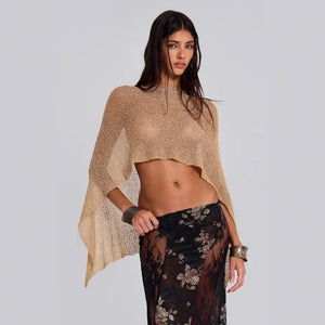 JadedLondon Gold Knitted Hollow out One Piece Top Hanging Neck Shoulder Multi-Way Holiday Style Strap Vest Polyester Fiber