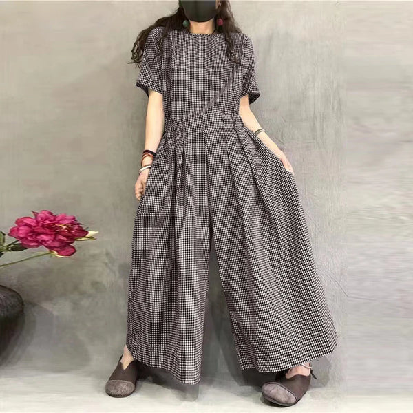 Short Sleeve Checked Wide Leg Overalls Pleated Waist O Neck Loose Casual Gingham Jumpsuits 2024 Fashion Women Long Romper