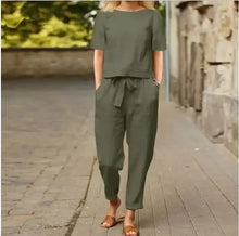 Load image into Gallery viewer, Women's Pullover Shirt And Pants Two-piece Set Women's Cotton And Linen Summer Suit Short Sleeved O-neck Outfit Pants