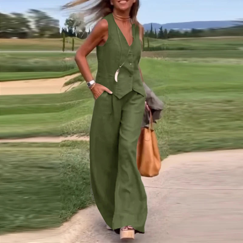 Woman Elegant 2-Piece Pant Sets Casual Vest and Pants Sets Old Money Style Suits 2pcs Outfits Wide Leg Trouser Sets