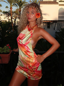 Fashion Stain Floral Print Mini Dress For Women Vacation Backless Sleeveless Hater Short Dress Female Summer Chic Beach Vestidos