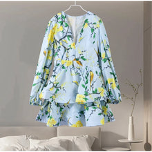 Load image into Gallery viewer, Elegant Print Ruffles Mini Dress Women Deep V Neck Long Sleeves A Line Dresses Female 2025 Spring New Fashion Fluffy Robe Lady