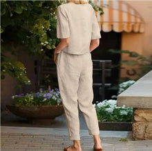 Load image into Gallery viewer, Women's Pullover Shirt And Pants Two-piece Set Women's Cotton And Linen Summer Suit Short Sleeved O-neck Outfit Pants