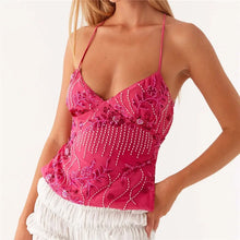 Load image into Gallery viewer, Shiny Sequins V Neck Cropped Vest Women Sexy Lace Up Backless Summer Holiday Halter Tops 2025 Chic Lady Sparkle Sling T-shirt