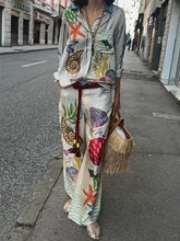 Load image into Gallery viewer, Bohemia Satin Print Loose Two Piece Sets Women Causal Long Sleeve Shirts+Long Wide Leg Pants Female Beach Summer Outfits