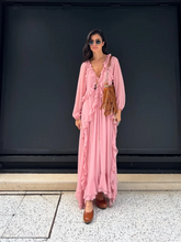 Load image into Gallery viewer, Elegant Solid Multiple Flounces Lace Up Dresses Chic Loose V Neck Full Sleeve Robes New Lady Summer Commute Vacation Gown 2025