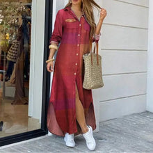 Load image into Gallery viewer, Spring And Autumn Women&#39;s Fashion Plaid Printed Polo Neck Shirt Dress Elegant Denim Long Sleeve Button Pocket Loose Long Dreess
