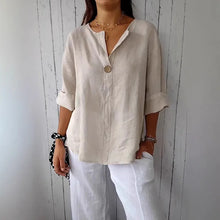 Load image into Gallery viewer, Summer Cotton Linen Blouses For Women 2025 Plus Size V-Neck Button Tee Shirts Casual Half Sleeve Black Tops Loose Women T Shirt