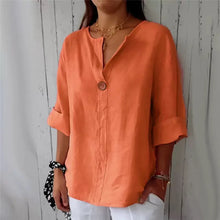 Load image into Gallery viewer, Summer Cotton Linen Blouses For Women 2025 Plus Size V-Neck Button Tee Shirts Casual Half Sleeve Black Tops Loose Women T Shirt