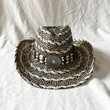 Load image into Gallery viewer, Handmade Color Matching Sun Hat Characteristic Ethnic Style Western Cowboy Straw Hat Black and White Two-color Woven Beach Hat