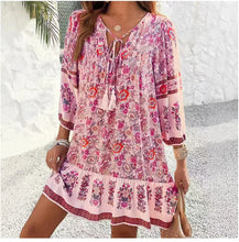 Load image into Gallery viewer, Casual Print Loose Dress For Women Fashion Long Sleeve V Neck Lace-up Vintage Pullover Dresses Lady Boho Holiday Womens Clothing