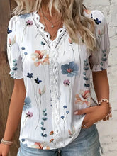 Load image into Gallery viewer, Fashion Casual Vacation Shirt Women Summer V Neck Hollow Out Solid Color Blouse Female Elegant Striped Jacquard Casual Tops