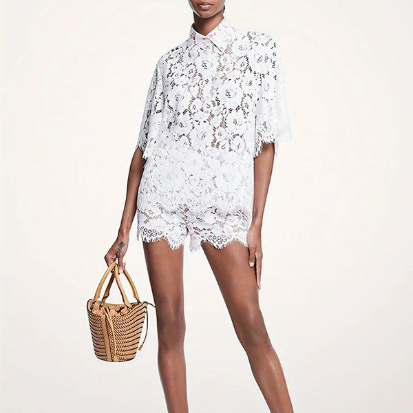 Sexy Lace Embroidery Hook Flower Hollow Crochet Set Women 2 Pieces Polo-Neck Button Tops and Shorts Outfits Spring Summer Suits