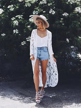 Load image into Gallery viewer, Fitshinling Bohemian White Beach Cover-Up Swimwear Sarong Embroidery Lace Kimono Sexy Transparent Long Cardigan Saida de Praia