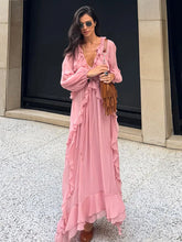 Load image into Gallery viewer, Elegant Solid Multiple Flounces Lace Up Dresses Chic Loose V Neck Full Sleeve Robes New Lady Summer Commute Vacation Gown 2025