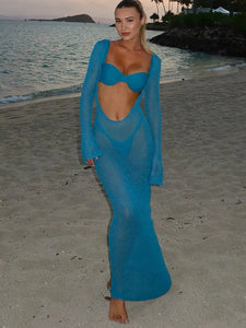 New Summer Solid Maxi Dresses Fashion Long Sleeves Deep Low Neck Back Hollow Out See Through Women Robes 2025 Chic Holiday Wear