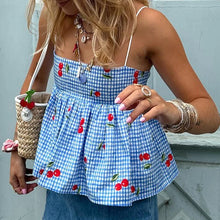 Load image into Gallery viewer, Fairycore Backless Tie Up Crop Tops Cherry Plaid Print Peplum Camisole Summer Holiday Sweet Cute Milkmaid Tank Vest Y2K Clothes