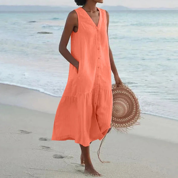 Summer Loose Casual Patchwork Cotton Linen Pocktes Dress V Neck Beach Style Dress Sleeveless Vintage Club Midi Solid Women Dress