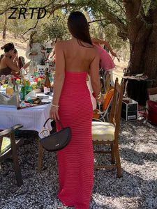 Sexy Crochet Hollow Out Long Halter Dress Women 3D Flower Backless Sleeveless Beach Dresses 2025 Summer Lady Vacation Robes New
