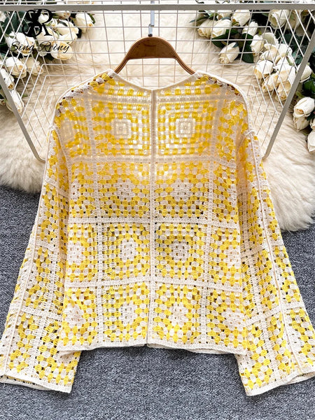 Vintage Boho Loose Plaid Cardigans Female Long Sleeves Hook Flower Hollow Tops 2025 Vacation Sunscreen Casual Shirt
