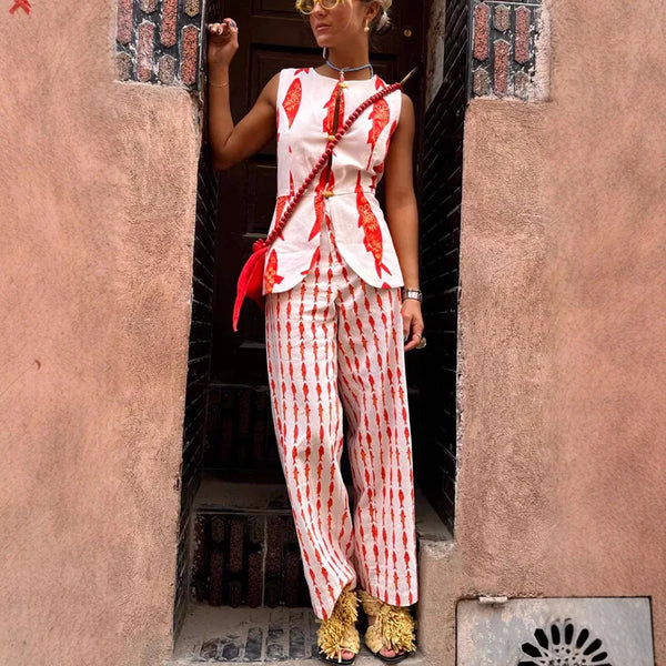 Summer Women Cartoon Red Fish Print O Neck Tank Top And Straight Female Long Pants Short Sleeve Shirt Wide Leg Pant 2 Piece Sets