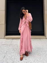 Load image into Gallery viewer, Elegant Solid Multiple Flounces Lace Up Dresses Chic Loose V Neck Full Sleeve Robes New Lady Summer Commute Vacation Gown 2025
