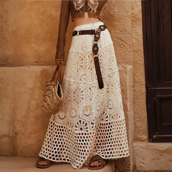 Cotton Floral Crochet Knitted Lace Skirt For Women Vintage Hollow Out Elastic Waist Skirts Summer Holiday Long  Boho Beach Falda