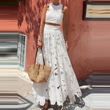 Load image into Gallery viewer, Spring Summer Holiday Boho Outfit Women Sexy O Neck Sleeveless Crop Top &amp; Maxi Skirts Set 2025 Fashion Embroidery Lace 2pcs Suit