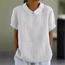 Load image into Gallery viewer, Solid Color Cotton Linen Lapel Pullover Shirt Women Summer Short Sleeve Blouse Female Comfortable Casual Simple Style Tops 2024
