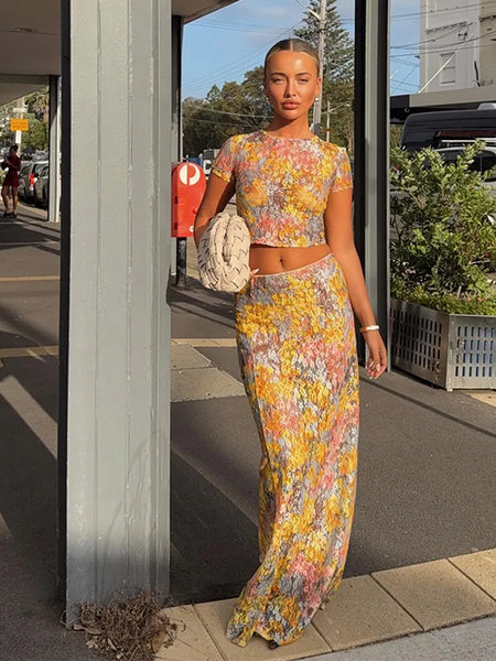 Elegant Flower Print Short Sleeve Shirt Long Skirt Set Women Bodycon O-neck Tops Skirt 2025 New Vocation Beach Street Outfit