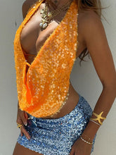 Load image into Gallery viewer, Green Shinny Sequins  Deep V Halter Vest Women Sexy Off Shoulder  Sleeveless Tops Chic Lady Sparkle Tank Tops
