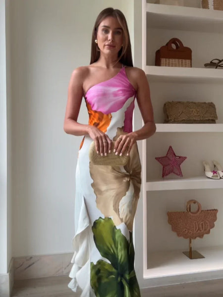 Fashion Printed Curling Edge Dresses Chic Irregular Neck Off Shoulder Open Fork Gown New Women Summer Cocktail Party Vestido