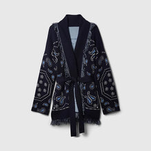 Load image into Gallery viewer, Tassel Patchwork Printed Cardigan Women Geometric Patterns Belts V-neck Long Sleeve Knitted Street Lady Sweater 2025 Autumn Coat
