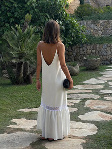 New Summer Solid Maxi Dresses Fashion Long Sleeves Deep Low Neck Back Hollow Out See Through Women Robes 2025 Chic Holiday Wear