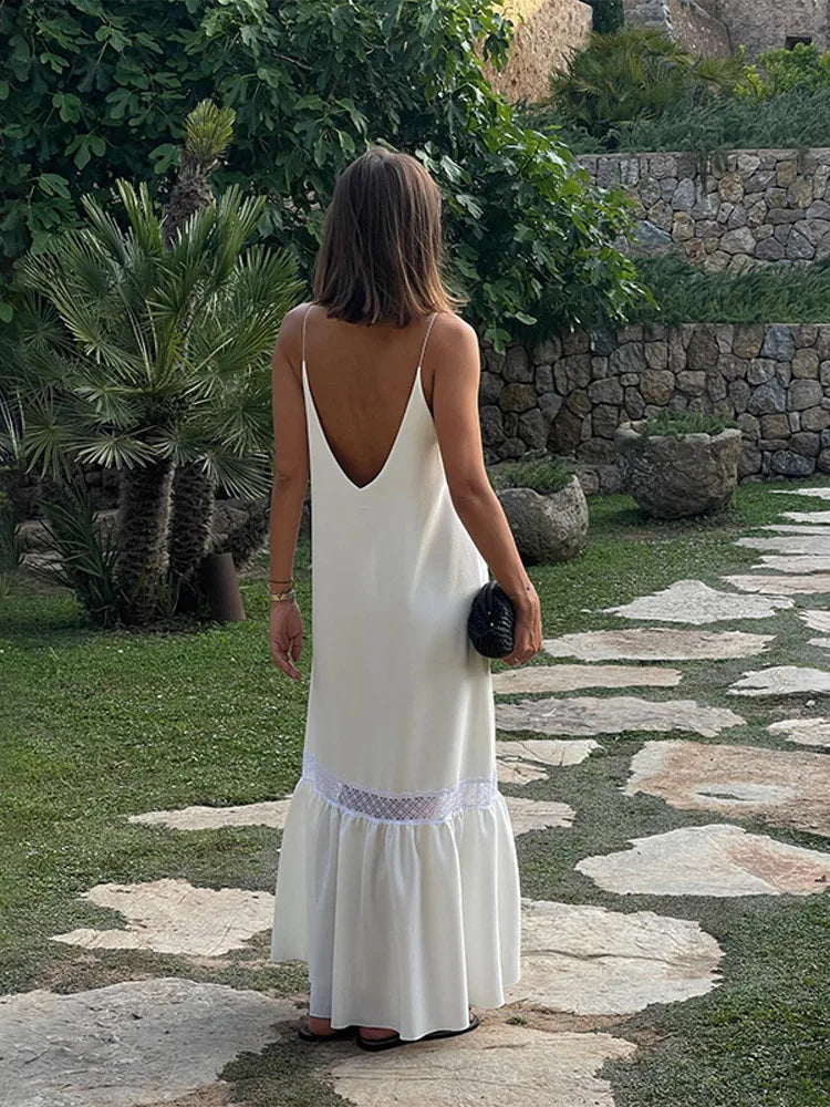 New Summer Solid Maxi Dresses Fashion Long Sleeves Deep Low Neck Back Hollow Out See Through Women Robes 2025 Chic Holiday Wear