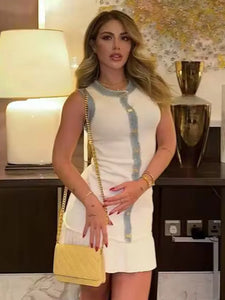 Women Elegant Denim Patchwork Single Breasted Mini Dress Fashion O Neck Sleeveless Single Breasted Vestido Chic Lady Street Wear